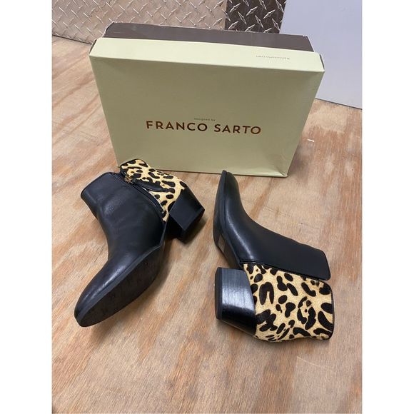Franco Sarto IOB Black Leather Leopard Real Fur Calfhair Booties Boots Size 6.5 - Picture 1 of 16